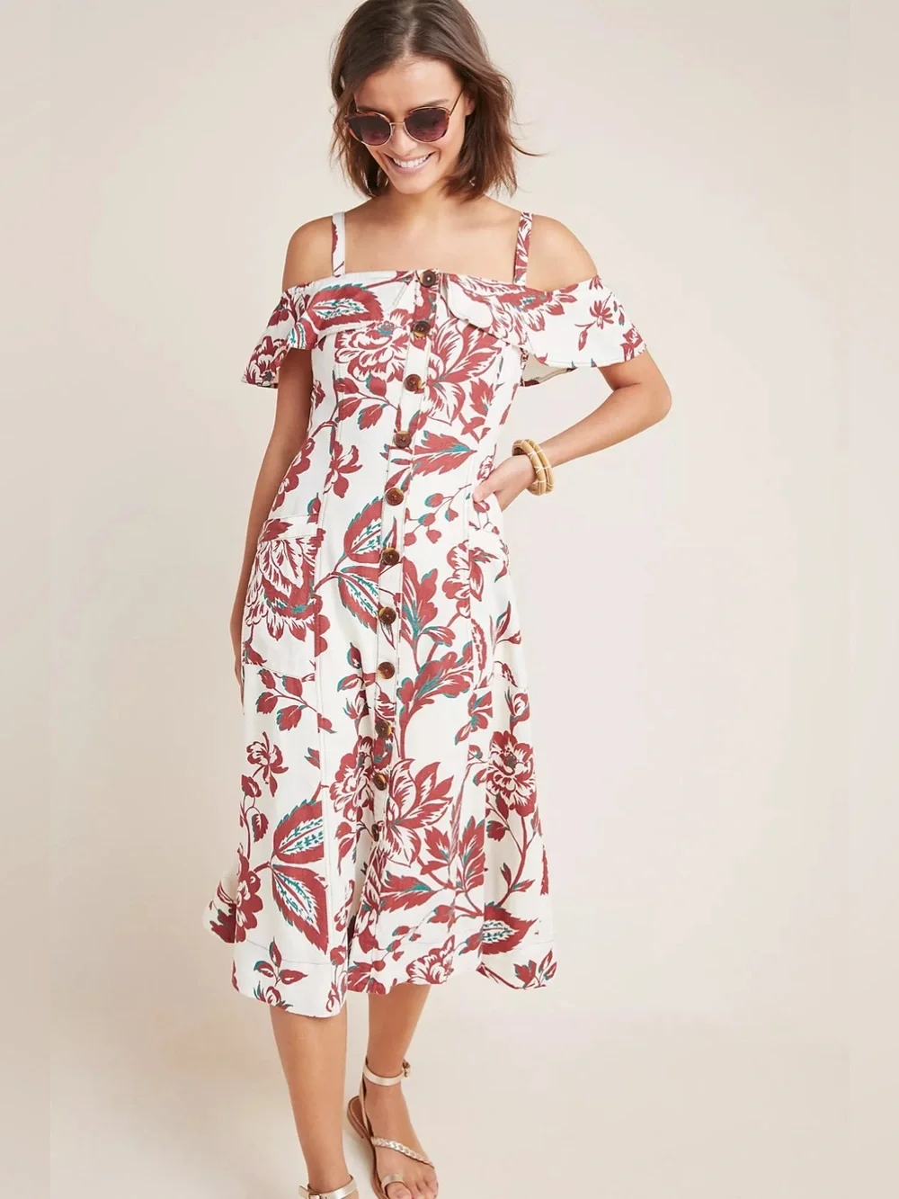 Anthropologie Floral Off Shoulder Linen Blend Midi Dress Button Front US 6